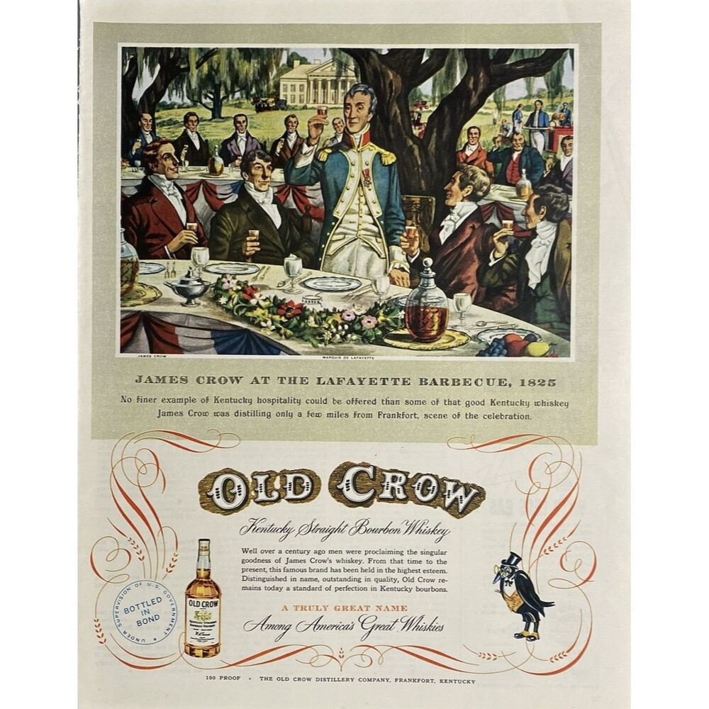 OLD CROW Whiskey "James Crow at the Lafayette Barbecue 1825"Vintage Print Ad '51